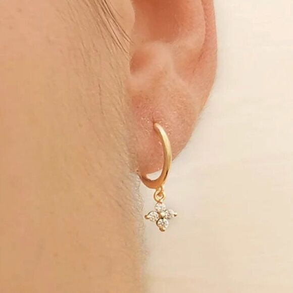 Dainty Crystal Flower Charm Hoop Earrings in Gold - Picture 12 of 13